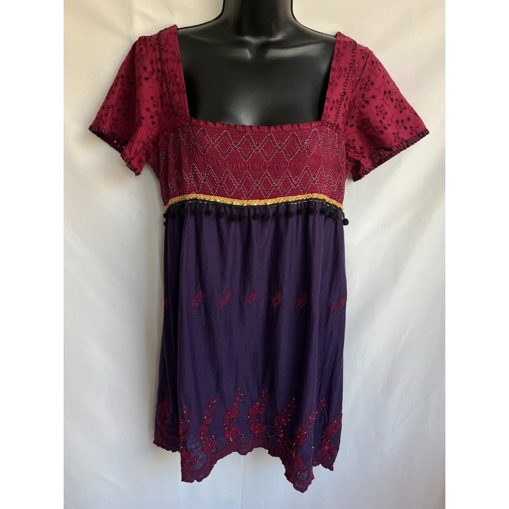 Free People Embroidered Mini Tunic Dress Sz 4 Sequin Pom Pom Gypsy Hippie Witchy